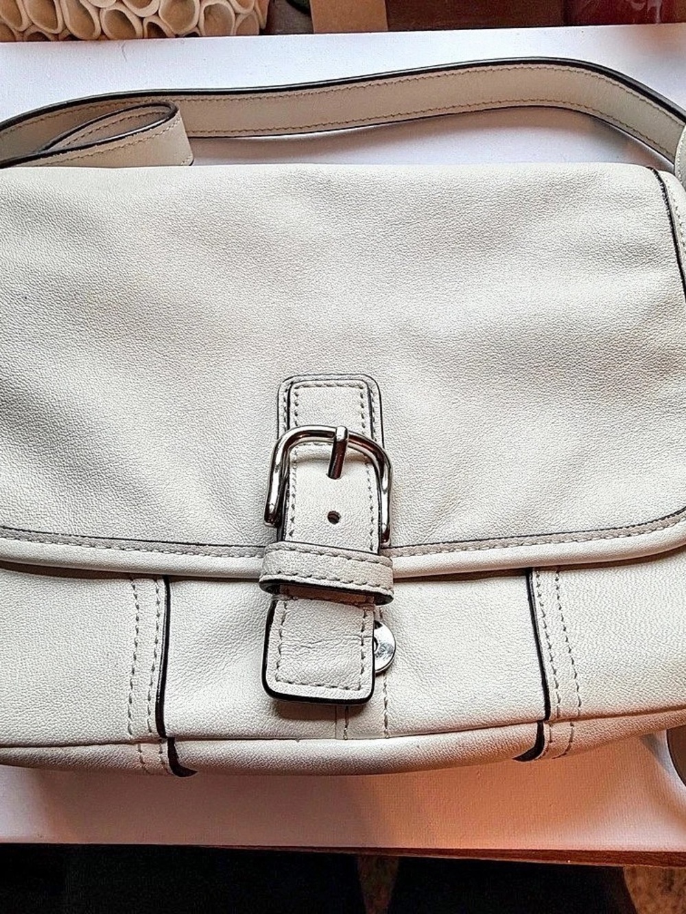 Coach Soho Buckle Flap Shoulder Bag Cream Leather Crossbody